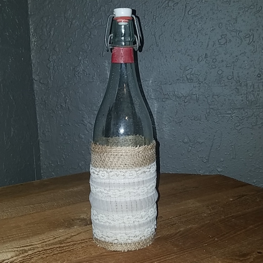 Burlap and lace wrapped bottle